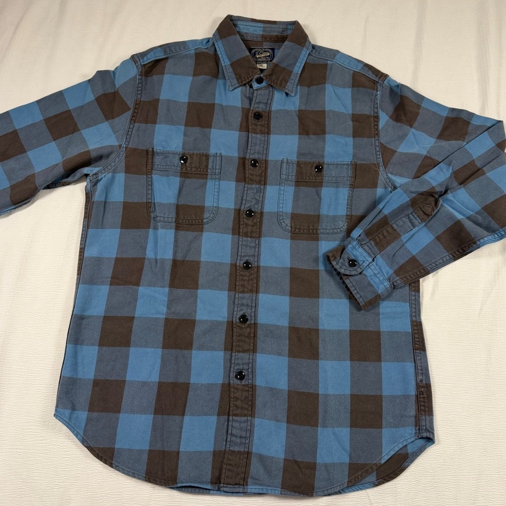 J. Crew Mens Blue Brown Buffalo Plaid Flannel Button Down Shirt Size M Regular
